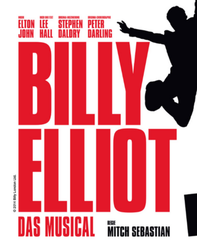 Rot-schwarzes „Billy Elliot Das Musical“-Poster mit der Silhouette einer tanzenden Figur auf der rechten Seite.