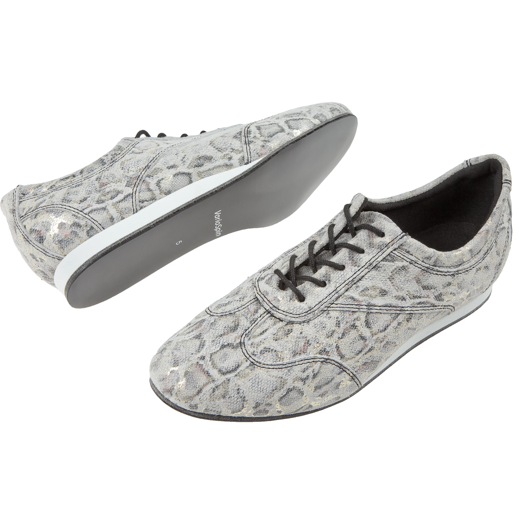 Beige-goldener Leoparden-Tanzsneaker von Diamant mit Schnürdesign und schwarzer Vario Spin-Sohle, Seiten- und Draufsicht abgebildet.