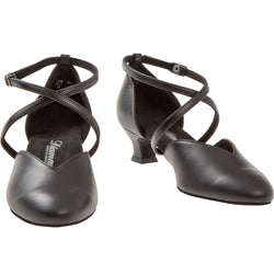 Diamant 107 Leder Tanzschuhe: Schwarze Tanzschuhe mit überkreuzten Fesselriemchen, niedriger Absatz, Made in Germany.