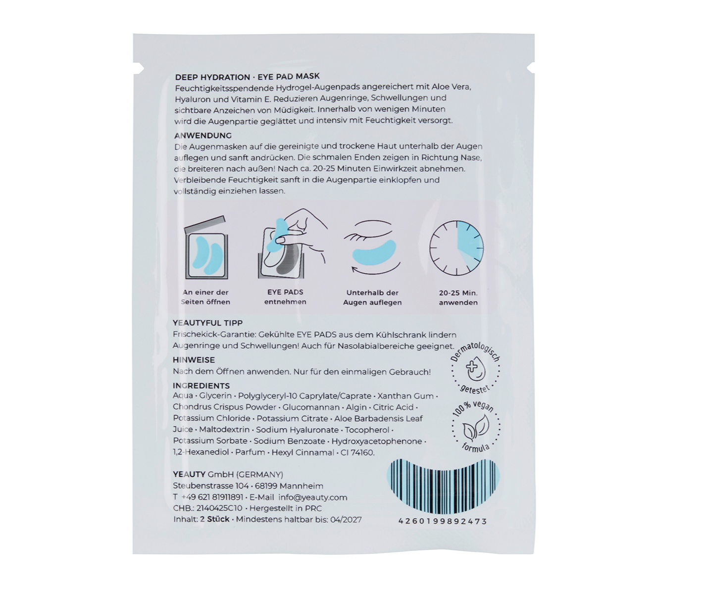 Rückseite eines Dancing Queens Tanz-Sets: Türkise Kosmetiktasche & 20.- Gutschein mit Anleitung, Zutaten und Barcode.