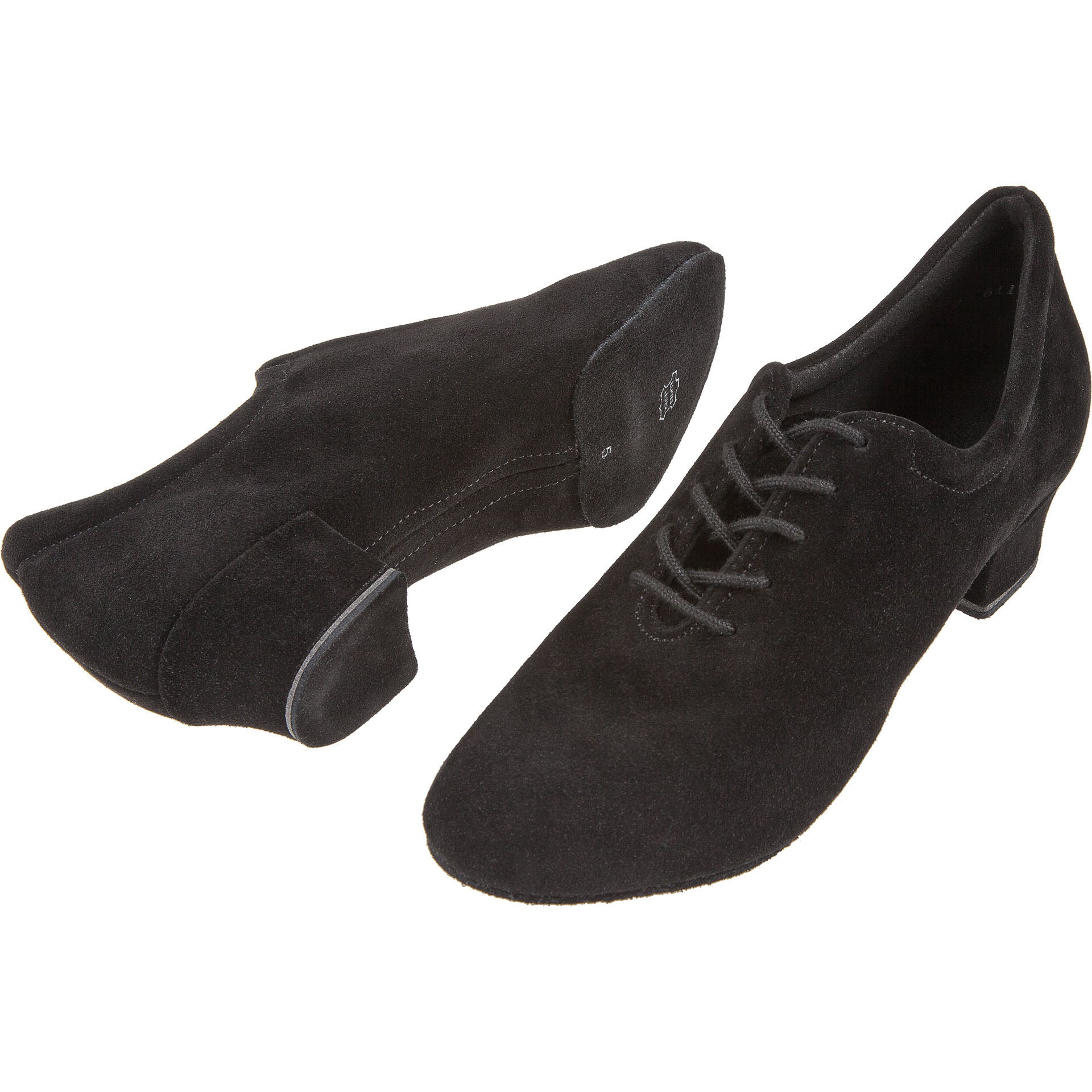 Schwarze „189 Tanzschuhe“ von Diamant, Veloursleder-Tanzschuhe für Damen, mit niedrigem Absatz und Schnürung, Draufsicht/Seitenansicht.