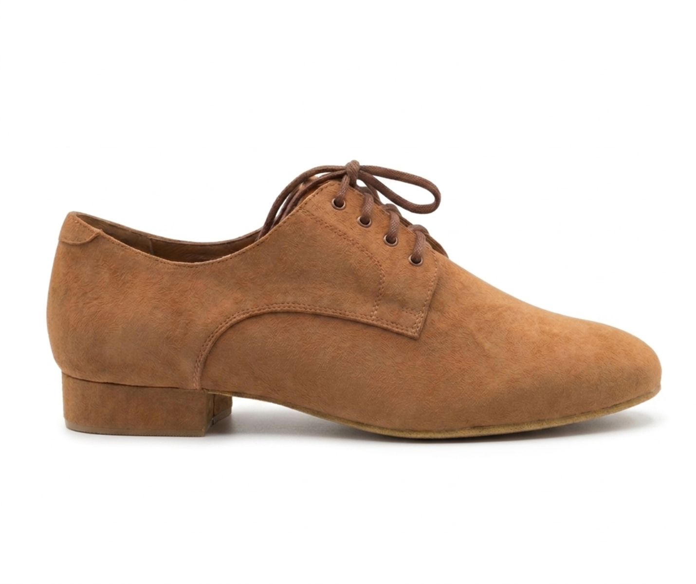 Dancing Queens Edle Tanzschuhe aus braunem Wildleder mit niedrigem Absatz, seitlich abgebildet.