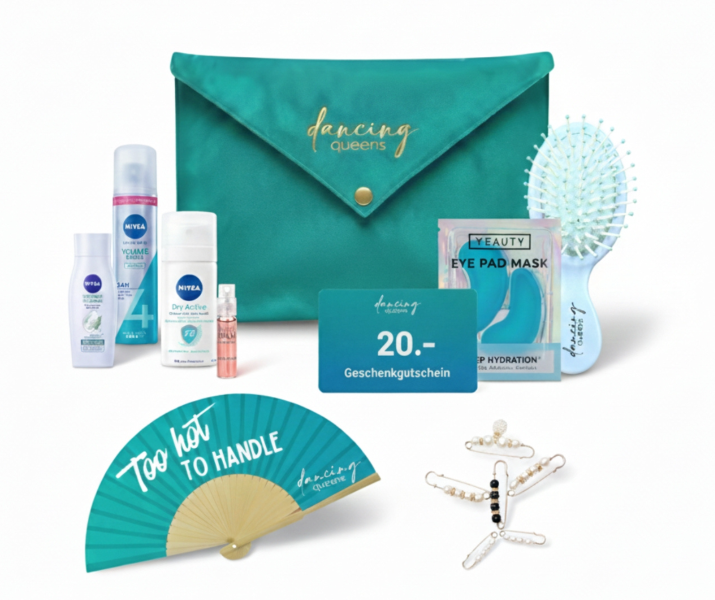 Tanz-Set: Türkise Kosmetiktasche & 20.- Gutschein von Dancing Queens mit Beauty-Items und Accessoires vorne.