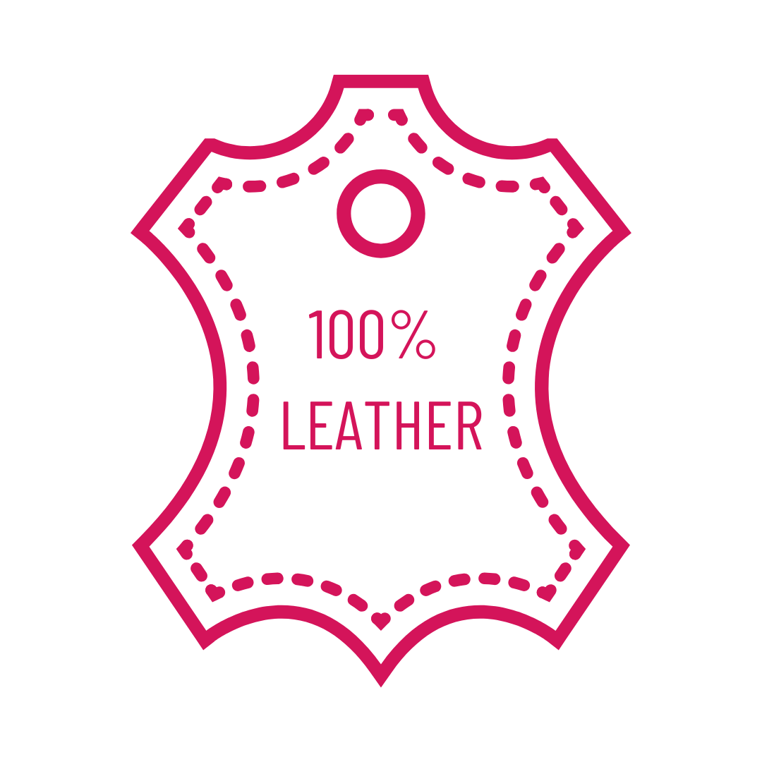 Rosa Umriss einer Lederform mit dem Text „100 % Leder“ darin, auf weißem Hintergrund.