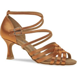 Dunkelbraune Diamant 108 Tanzschuhe mit mittelhohem Absatz, offener Spitze und Mikrofaserfutter.