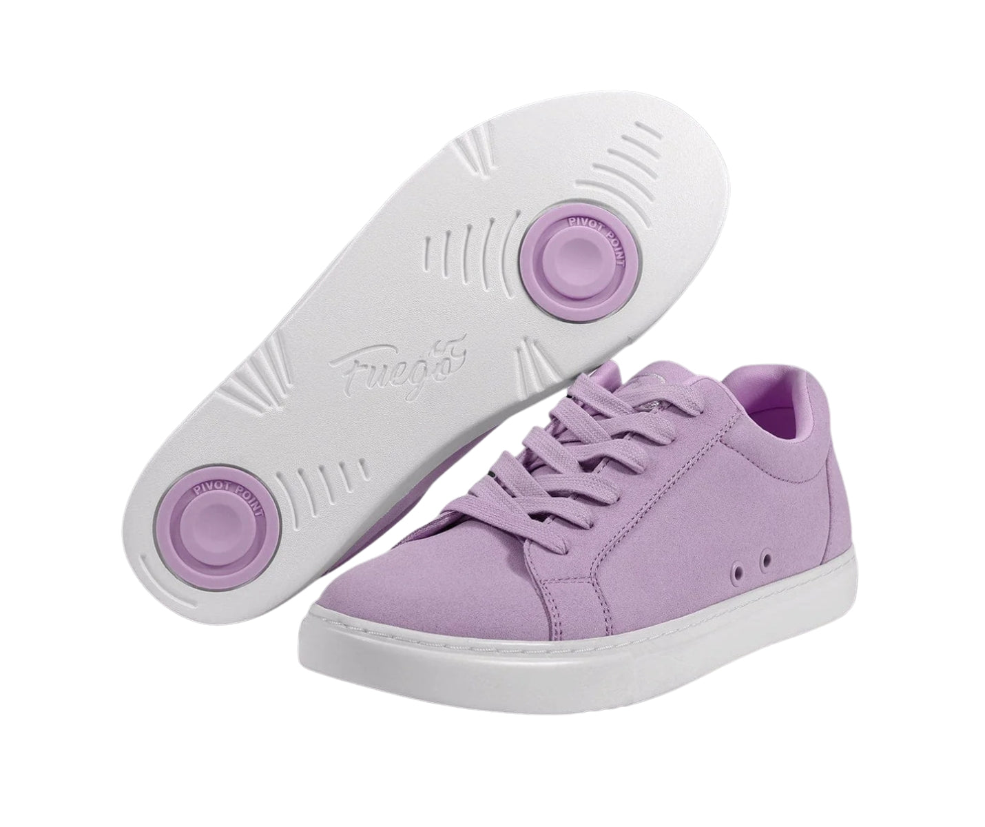 Die Fuego Low-Top-Tanz-Sneakers in Lavendel von Fuego Dance Shoes haben weiße Sohlen mit einzigartigen kreisförmigen Mustern.