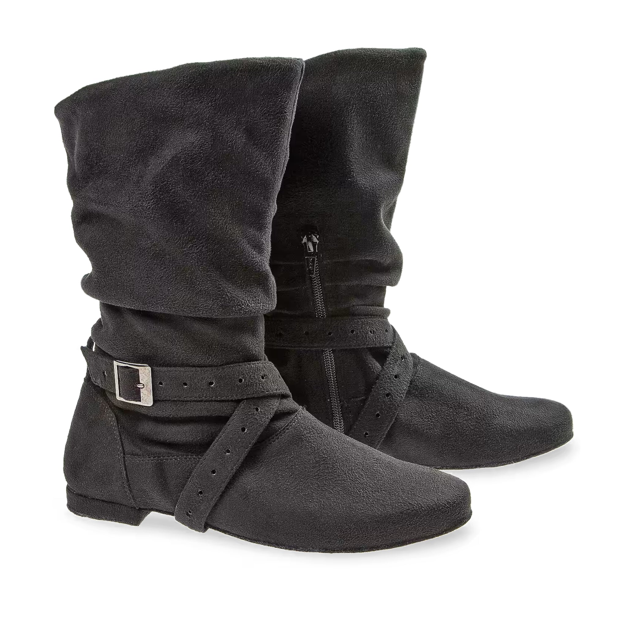 Schwarz Diamant 202 Tanzstiefel, halbhohe Stiefel mit Schnallenriemen und seitlichen Reißverschlüssen.