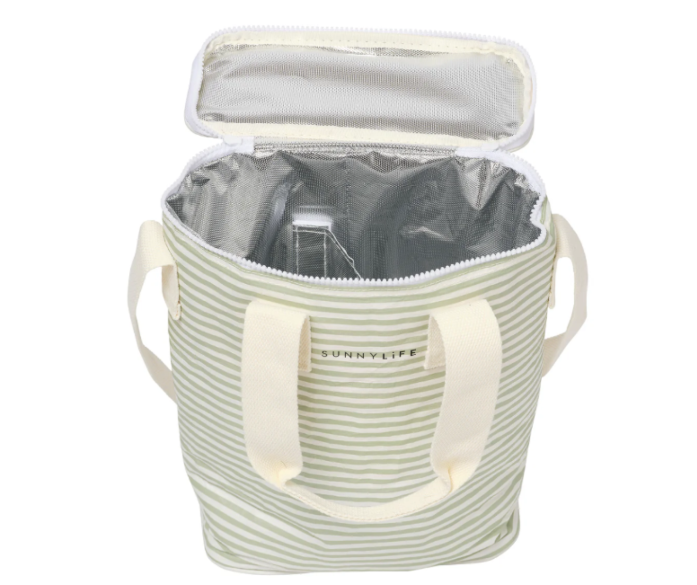 Xinnomix-Kühltasche: gestreift, isoliert, cremefarbene Griffe, isolierter Innenraum und silbernes Innenfutter.