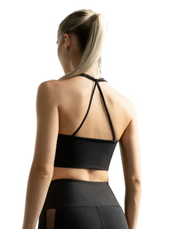 Person mit Pferdeschwanz in Lisminas 391 Saintes Sport-BH in Schwarz und Leggings, ideal für Yoga, von hinten gesehen.