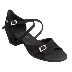 Portdance PD636 Premium-Tanzschuhe aus schwarzem Nubukleder für Anfänger mit überkreuzten Riemen, Schnalle und niedrigem Absatz.