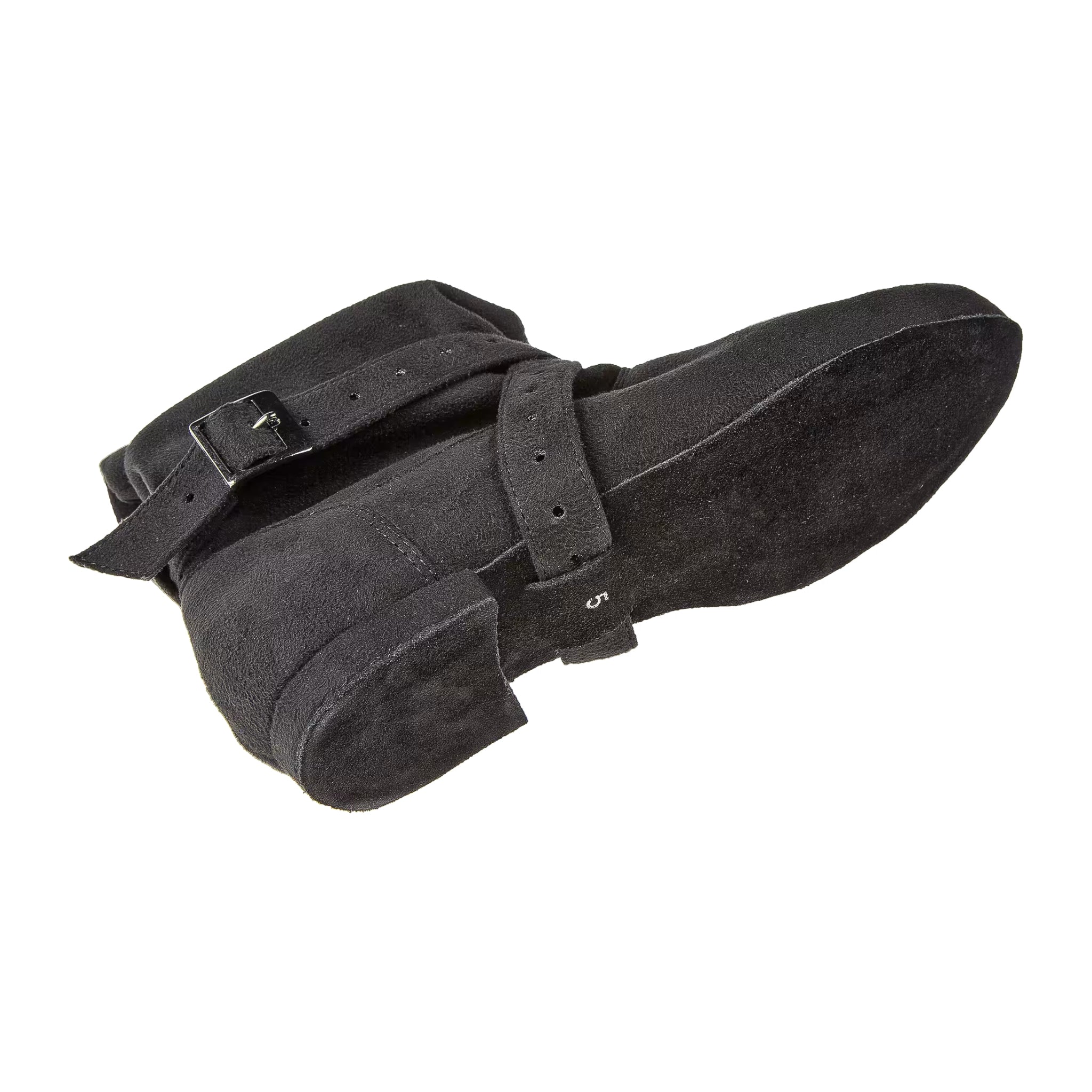 Diamant 202 Tanzstiefel in Schwarz, Mikrofaser-Wildleder mit Schnallenriemen, von der Sohle aus gesehen.