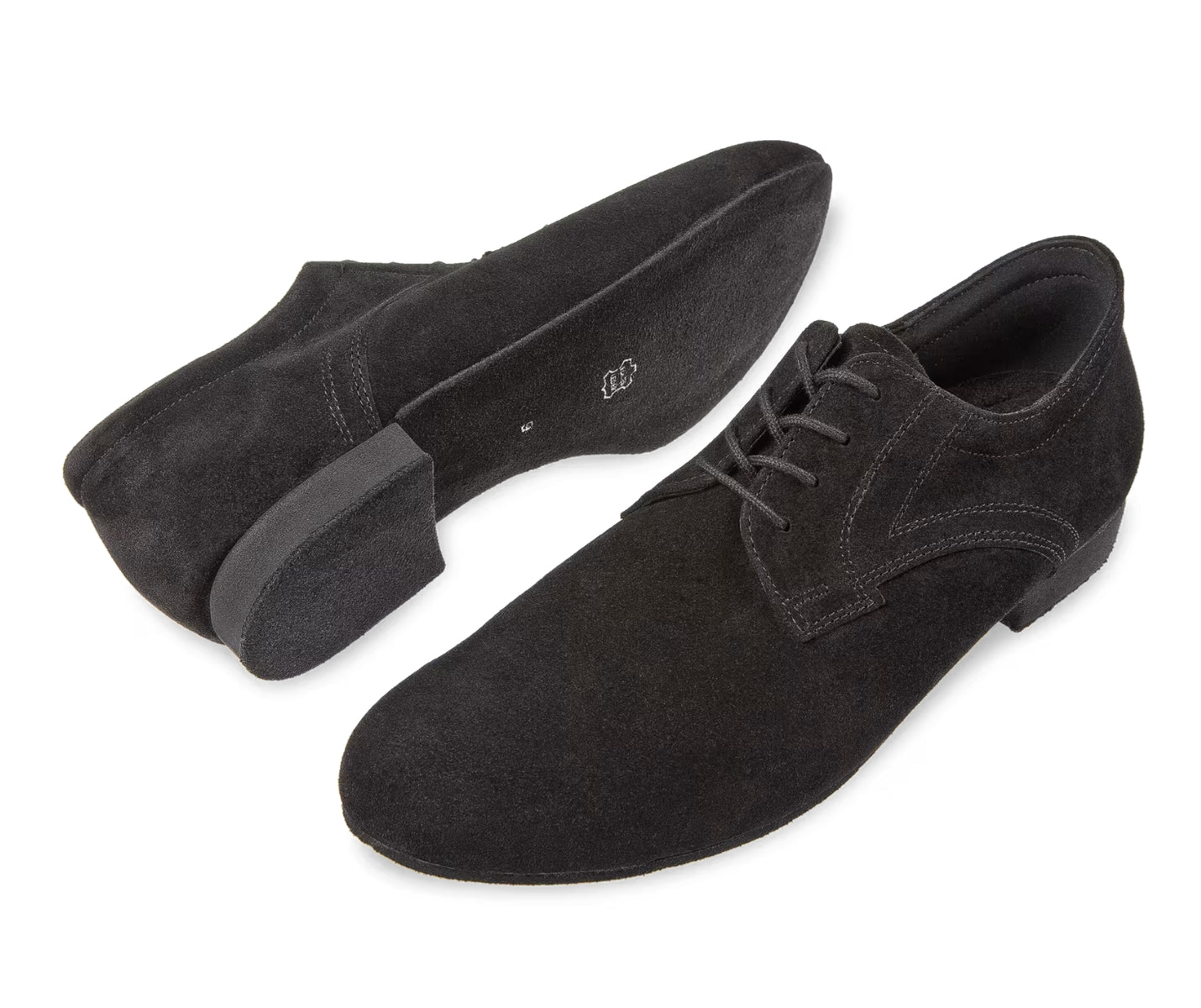 Diamant's 085 Tanzschuhe in Schwarz Velourleder: einer steht aufrecht, der andere zeigt die Sohle. Perfekt für den Tanzbedarf.