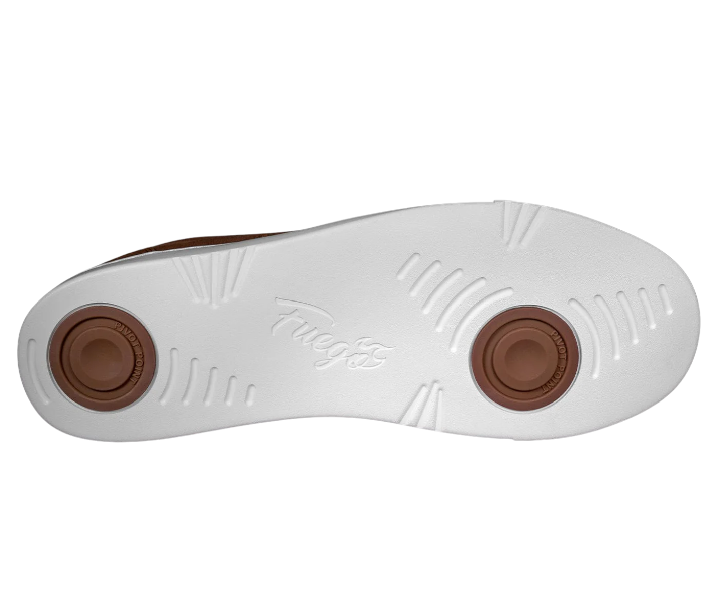Die Fuego Low-Top Dance Sneakers in Mocha haben eine weiße Sohle mit mokkafarbenen Pads und einem Truefit-Logo in der Mitte.