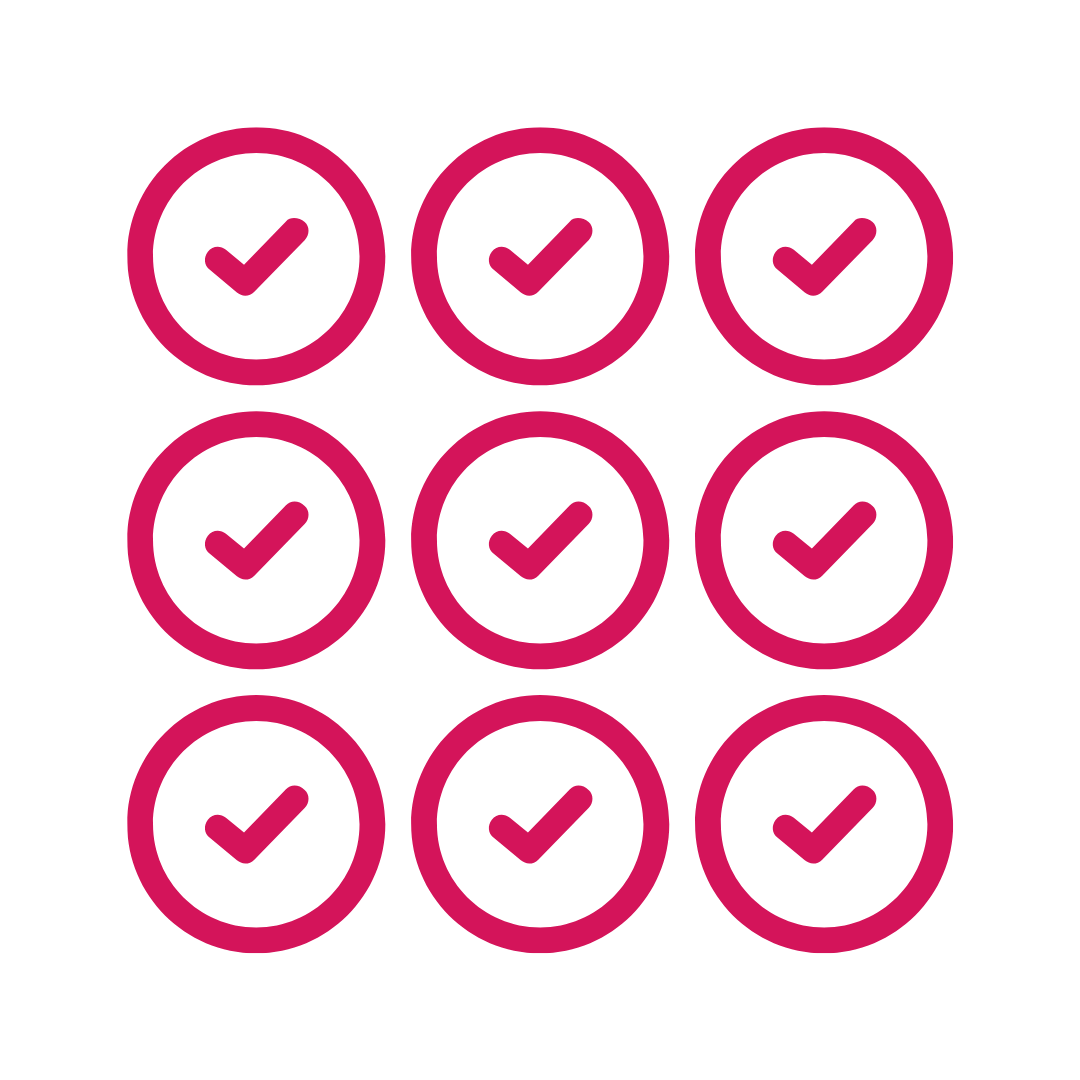 Neun rosa Häkchen in Kreisen, angeordnet in einem 3x3-Raster auf weißem Hintergrund.