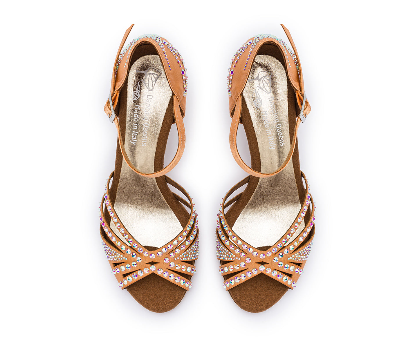 Draufsicht der DQ L3M Tanzschuhe in Flesh mit Strass von Dancing Queens vor weißem Hintergrund.