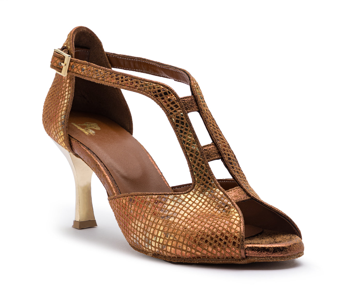 ESP11 Bronze Tanzschuhe von Dancing Queens: Peep-Toe, Riemchendesign mit Schnalle.