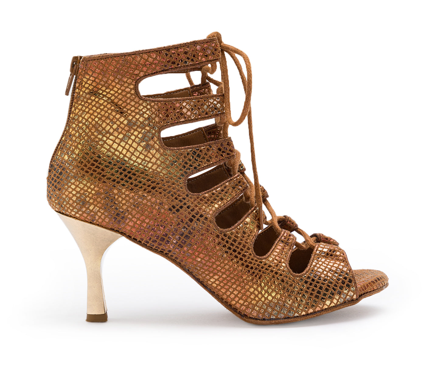Electra Tanzschuhe in Bronze Piton von Dancing Queens: Brauner Peep-Toe-Schnürstiefel mit Mesh-Design – perfekte Salsa-Schuhe.