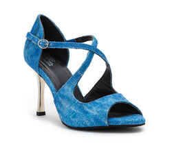 „Orion“-Tanzschuhe von Dancing Queens in Blau Jeans: blaue, offene Pumps mit überkreuzten Riemchen und silbernem Absatz.