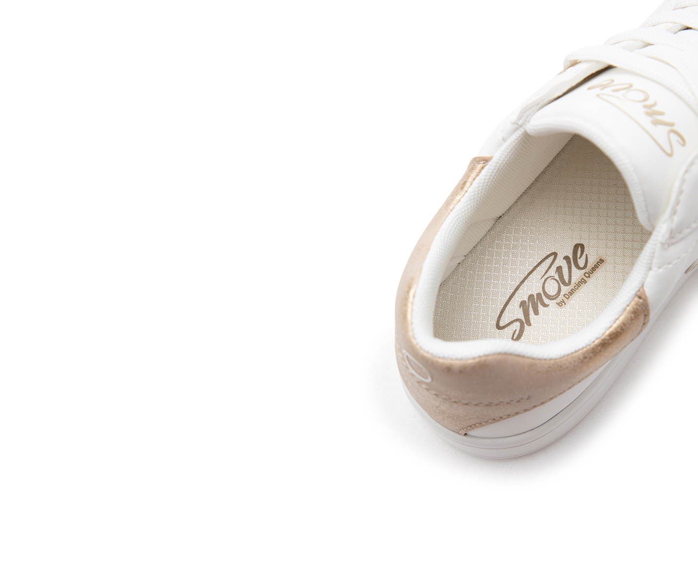SMOVE Accent Tanzsneaker in Weiss Gold für Frauen von Dancing Queens mit tan Heel und Smoove Branding, Draufsicht.