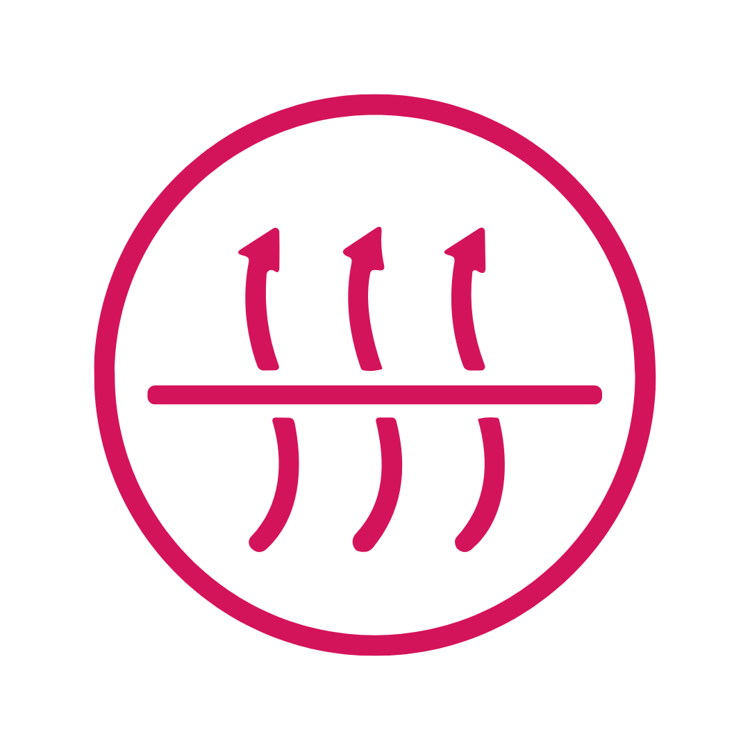 Rotes Sitzheizungssymbol mit drei nach oben zeigenden gewellten Pfeilen in einem Kreis.