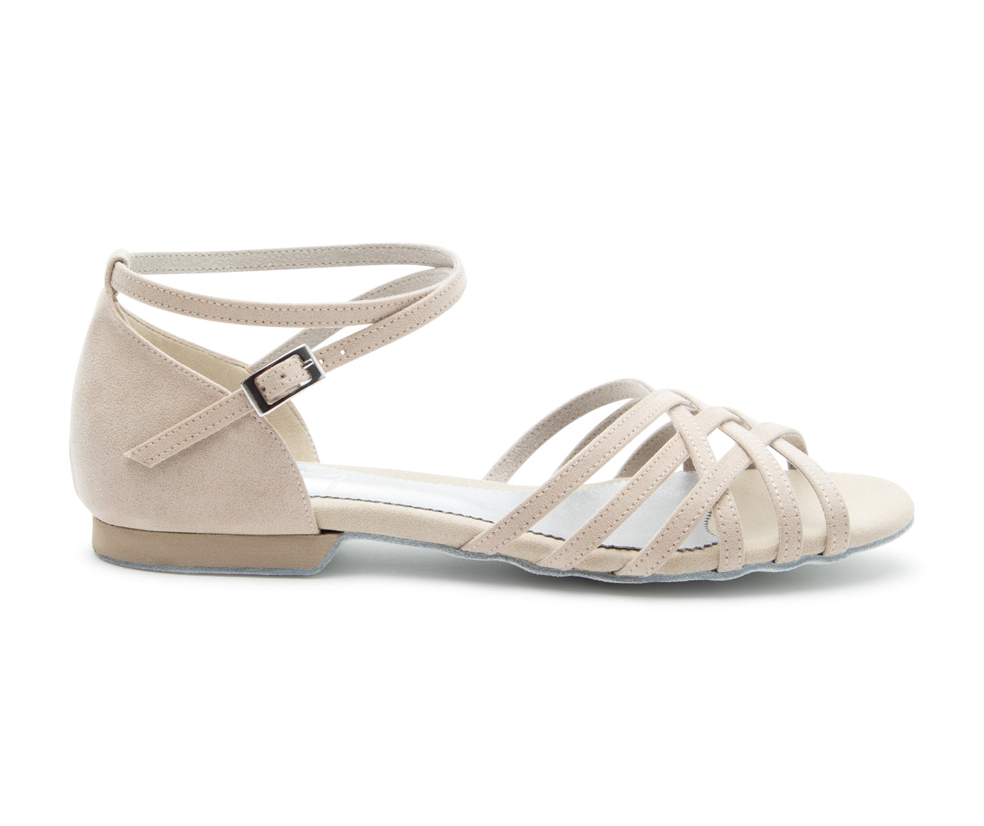 Beige DQ02 Flats von Dancing Queens: Wildleder, offene Spitze, Knöchelriemen, überkreuzt – perfekt für Paartänze.