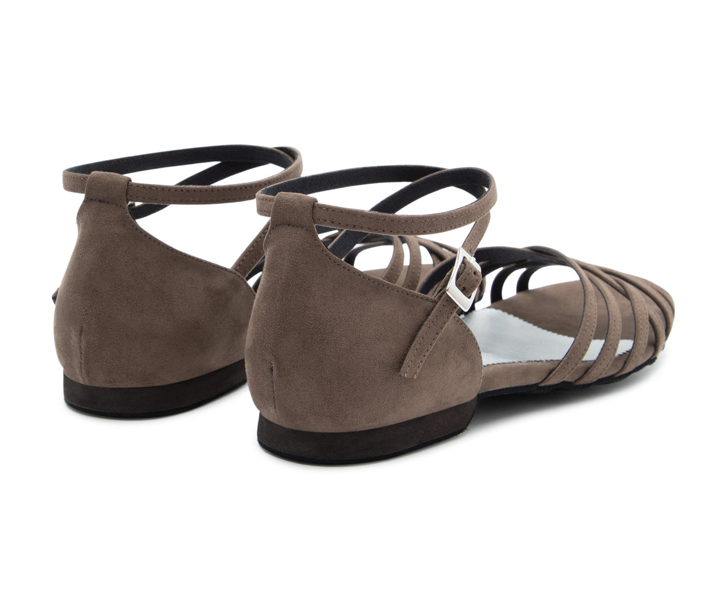 Flache Tanzsandalen DQ02 aus grauem Wildleder mit Knöchelriemen, Schnallendetails und flachen Sohlen – Rückansicht.