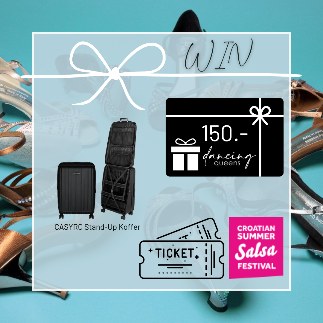 Eine Werbegeschenkanzeige mit Koffern, einem Ticket und einer Geschenkkarte vor einem Hintergrund aus Tanzschuhen.