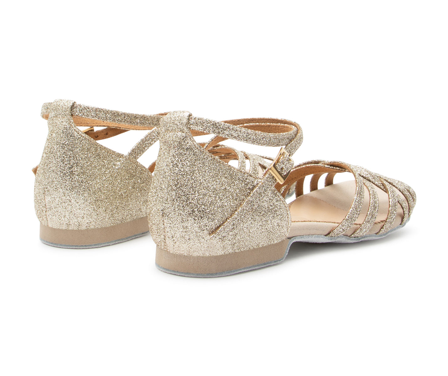 DQ02 flache Tanzschuhe in Gold Glitter von Dancing Queens, Riemchenflats mit geschlossenem Absatz, Ansicht hinten links.