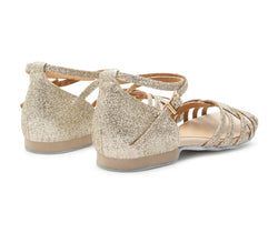 DQ02 flache Tanzschuhe in Gold Glitter von Dancing Queens, Riemchenflats mit geschlossenem Absatz, Ansicht hinten links.