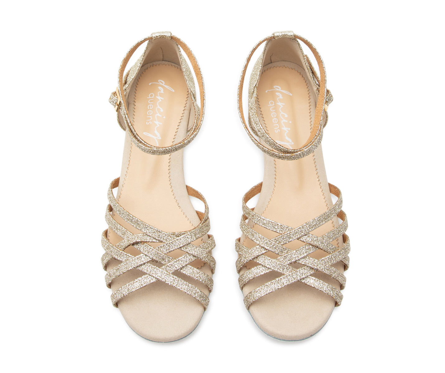 DQ02 flache Tanzschuhe in Gold Glitter von Dancing Queens mit Riemchen, von oben auf Weiß fotografiert.