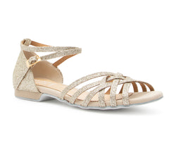 Dancing Queens DQ02 flache Tanzschuhe in Gold Glitter: Riemchen, niedriger Absatz, Knöchelriemen, Schnallenverschluss.