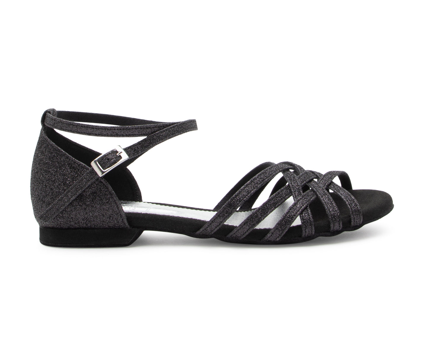 DQ02 flache Tanzschuhe in Schwarz Glitter von Dancing Queens mit Riemen, Silber-Schnalle und niedrigem Absatz.