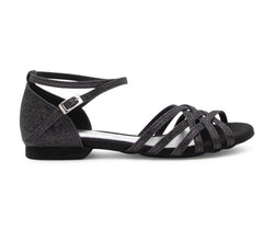 DQ02 flache Tanzschuhe in Schwarz Glitter von Dancing Queens mit Riemen, Silber-Schnalle und niedrigem Absatz.