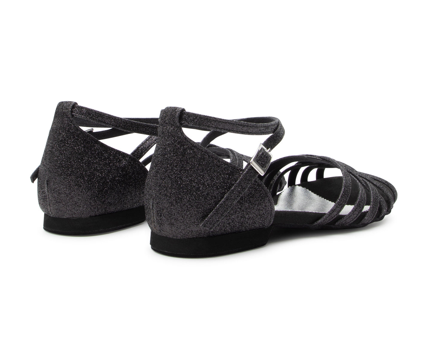 Ein Paar Dancing Queens DQ02 schwarz glitter flache Tanzschuhe mit geschlossenen Absätzen, von hinten gezeigt.