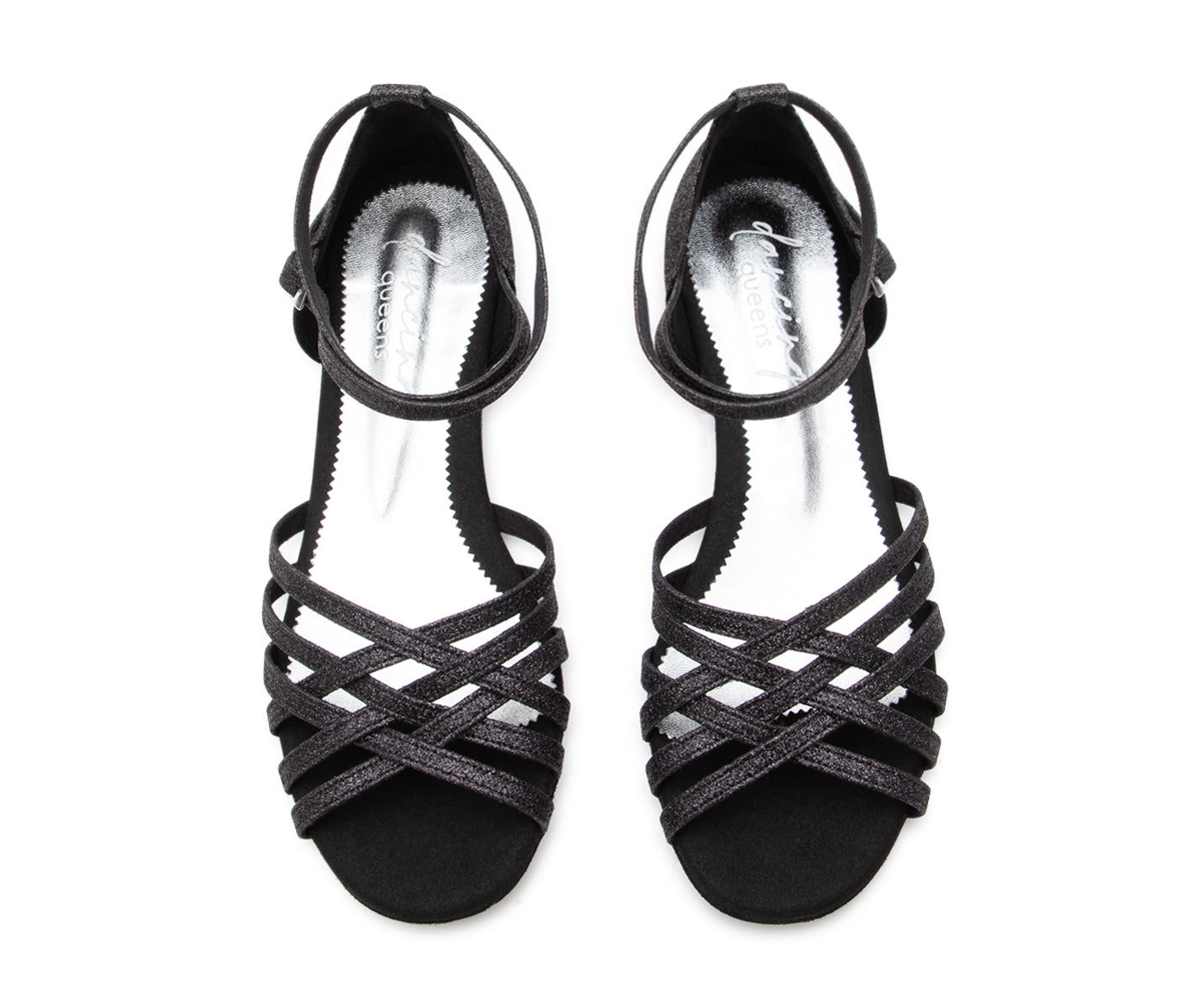 Ein Paar Dancing Queens DQ02 flache Tanzschuhe in Schwarz Glitter mit Knöchelriemen, Ansicht von oben.