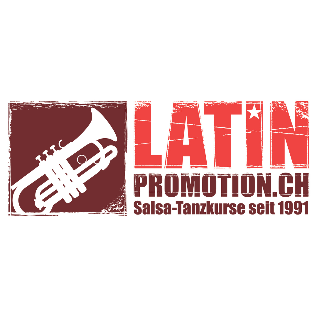 Logo mit Trompete und "Latin Promotion.CH" & "Salsa-Tanzkurse seit 1991" in rot/weiss, deine Salsa-Schule.