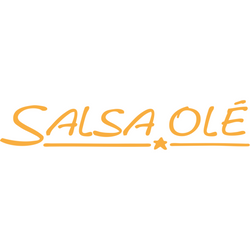 SalsaOlé" in orangefarbener Schrift mit einem Stern darunter, flankiert von zwei Linien, auf weißem Hintergrund und unter Tanzkurse.