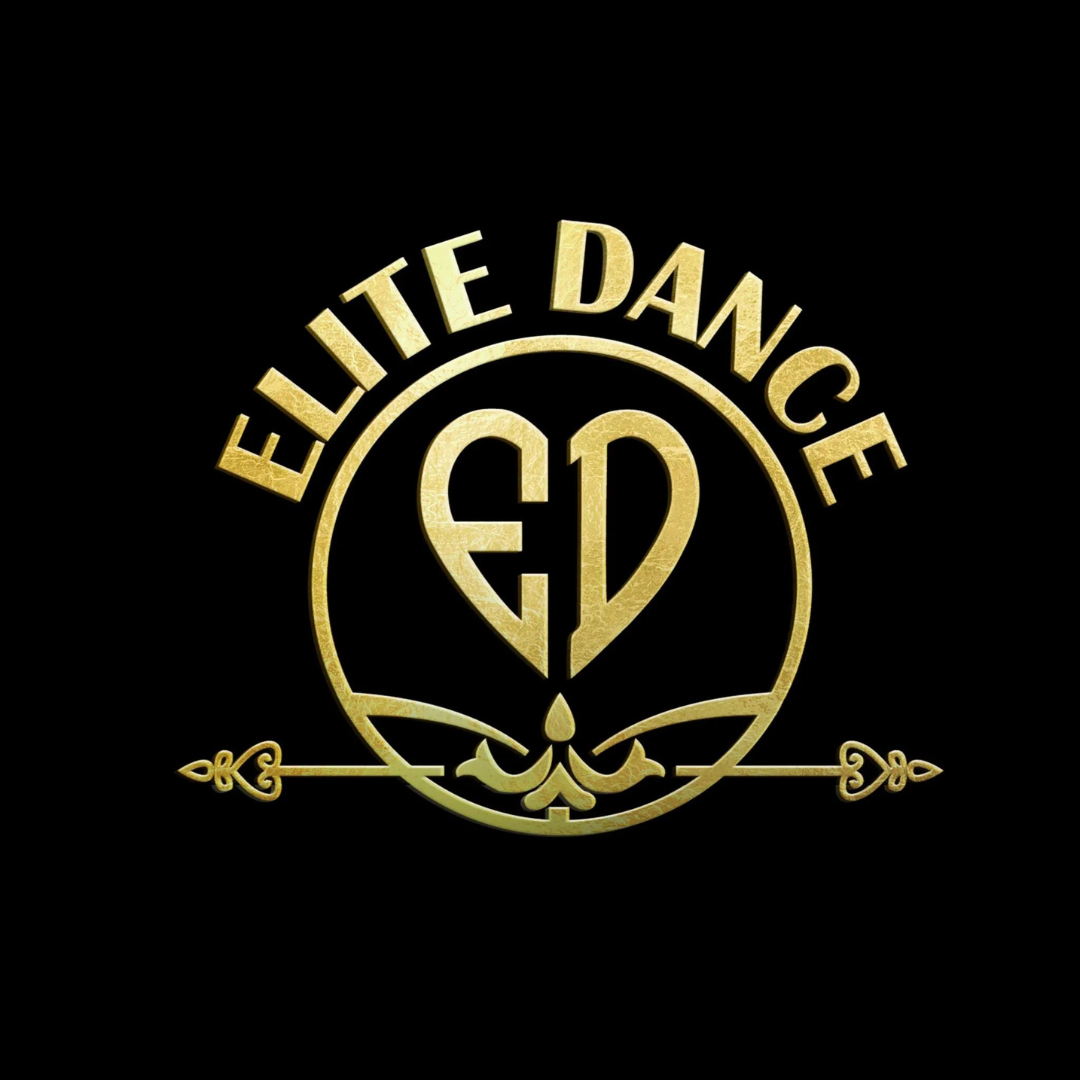 Goldenes „Elite Dance“ von Tanzkurse-Logo mit stilisiertem „ED“ in einem Kreis auf schwarzem Hintergrund.