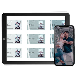 Auf dem Tablet sind neun Vorschaubilder der Tanzkurse von Roberto und Magdalena zu sehen; auf dem Smartphone ist ein leidenschaftlich tanzendes Paar zu sehen.