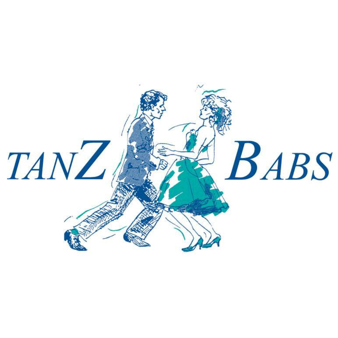 Illustration eines Disco-Fox tanzenden Paares mit „Tanzschule Babs Gattlen“ in Blau.