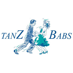 Illustration eines Disco-Fox tanzenden Paares mit „Tanzschule Babs Gattlen“ in Blau.