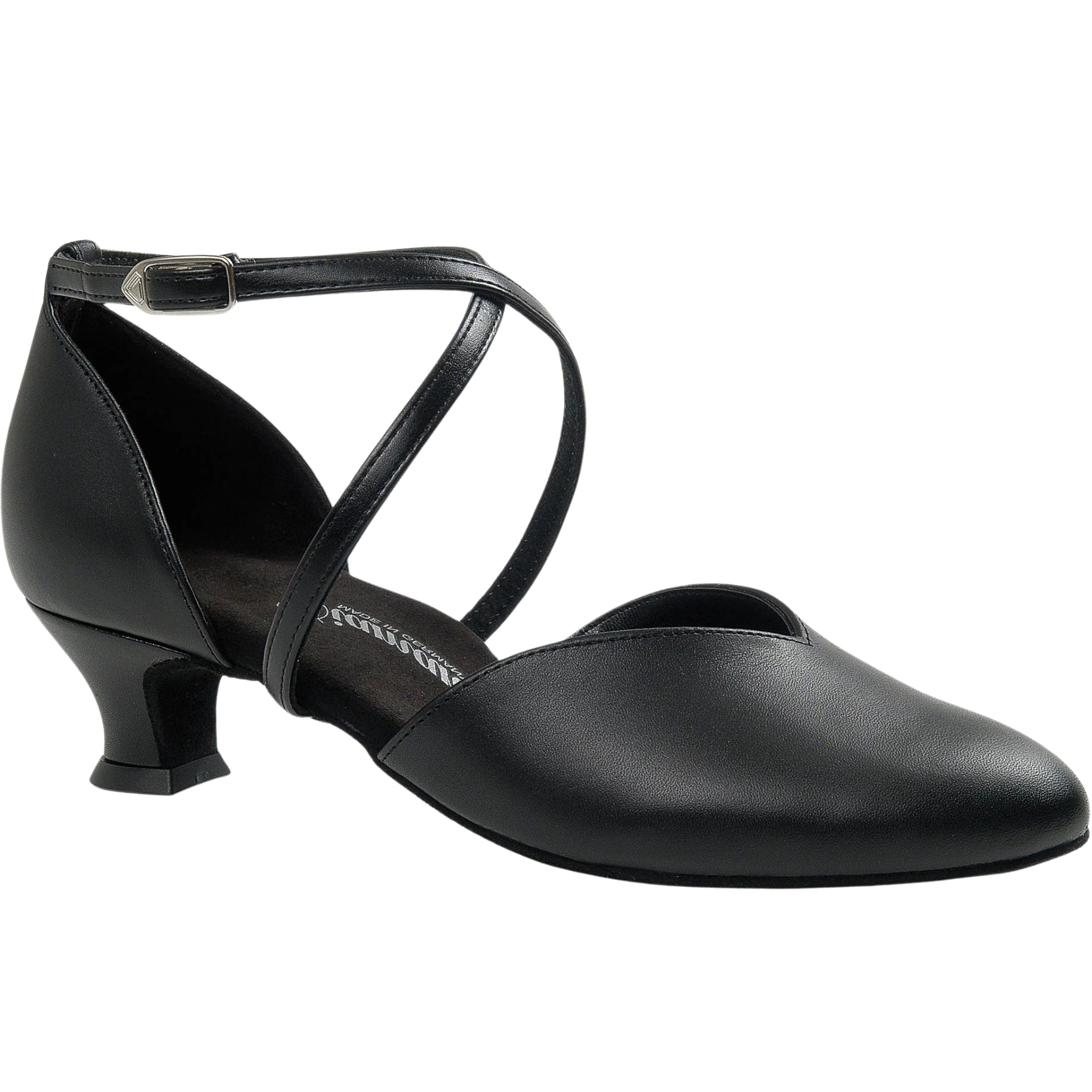 Diamant's 107 Leder Tanzschuhe in Schwarz: ein schwarzer Tanzschuh mit Rindnappaleder, niedrigem Absatz und Knöchelriemen.