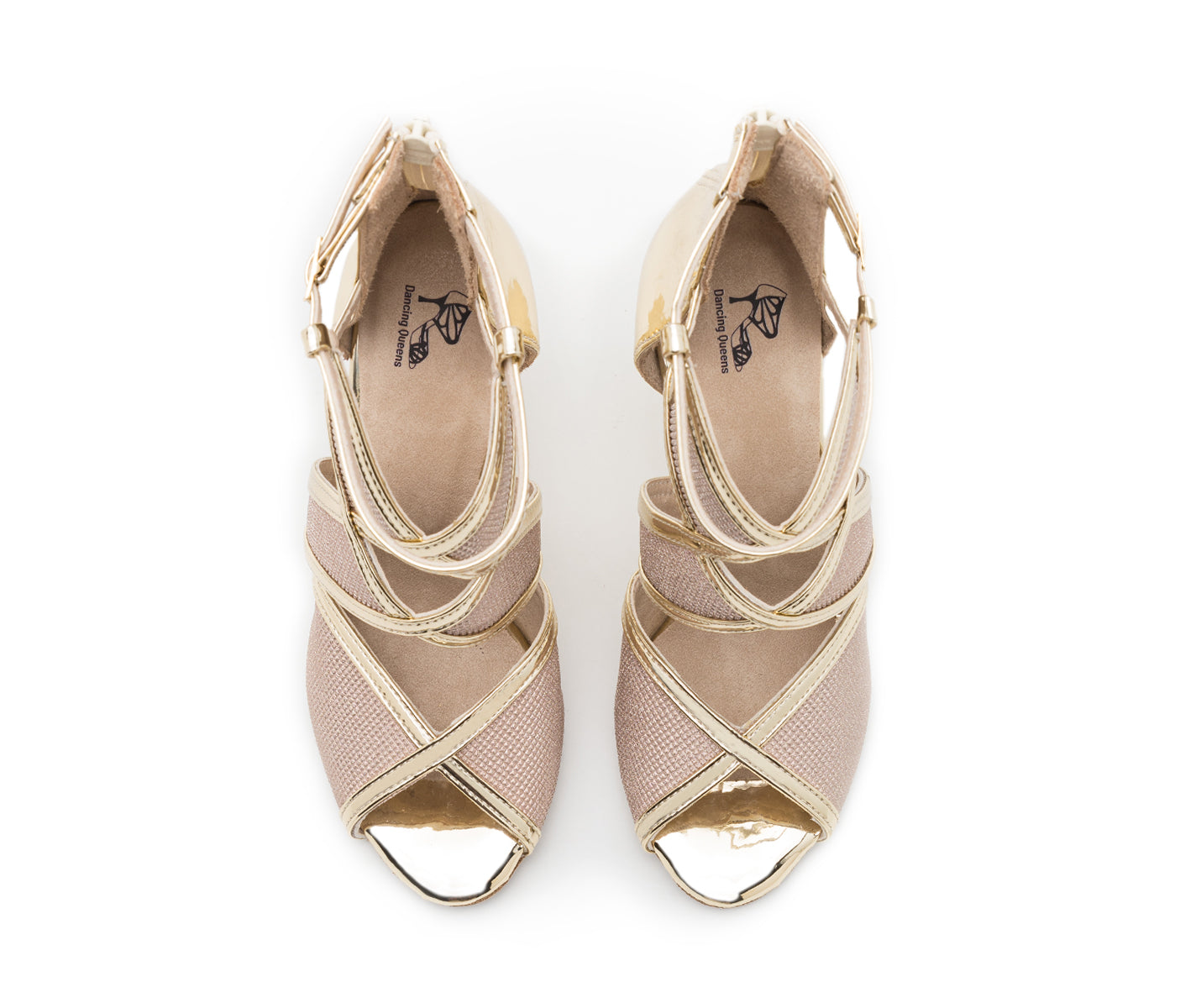 Draufsicht der Star-Tanzschuhe von Dancing Queens in Gold mit überkreuzten Riemen.