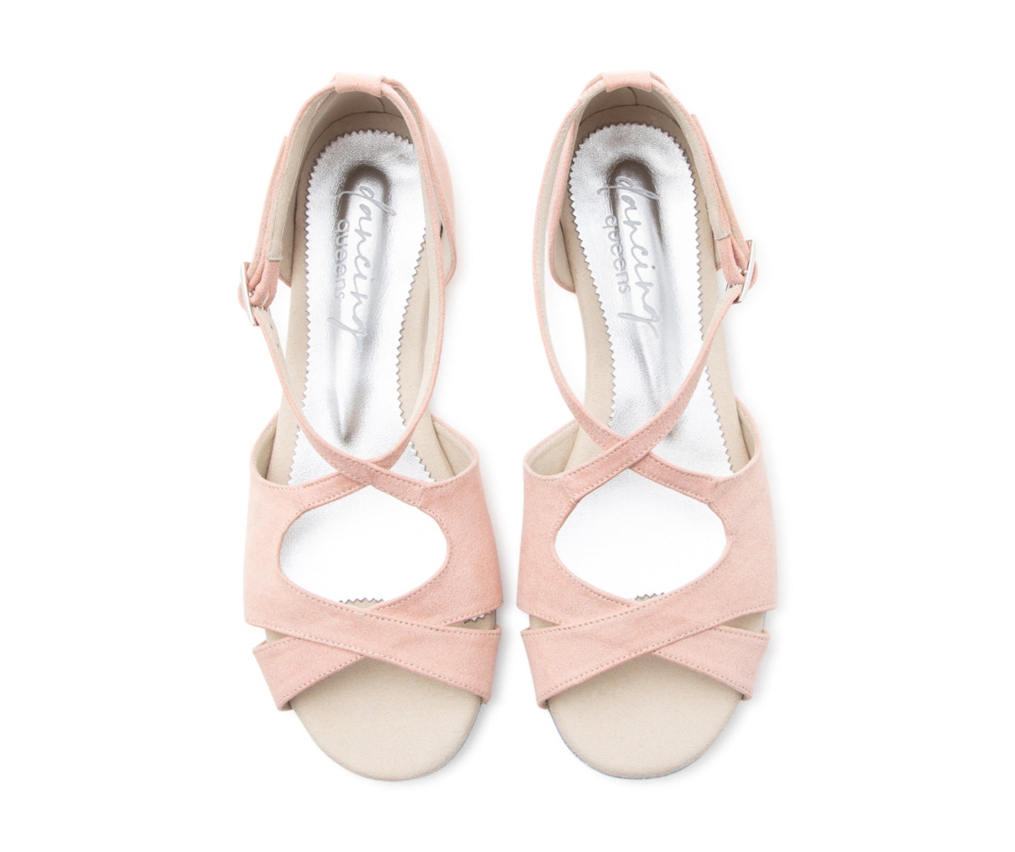 Ein Paar Grace Harmony Tanzschuhe in Coral Wildleder von Dancing Queens, offene Absätze mit Knöchelriemen, Ansicht von oben.