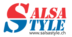 Tanzkurse-Logo: „Salsa“ in Rot, „Style“ in Blau, fettes, zweifarbiges „S“. Ideal für Fans des Salsa Style Genève.