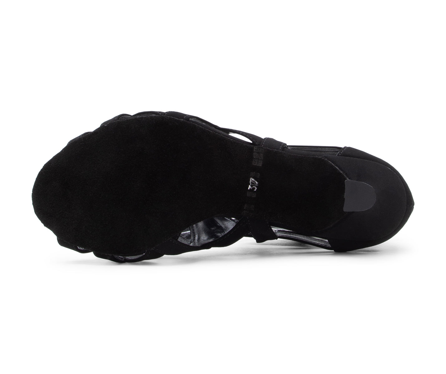 Unteransicht der Dancing Queens Magnet Core Tanzschuhe in schwarzem Wildleder mit Wildledersohle und Riemchenschaft.