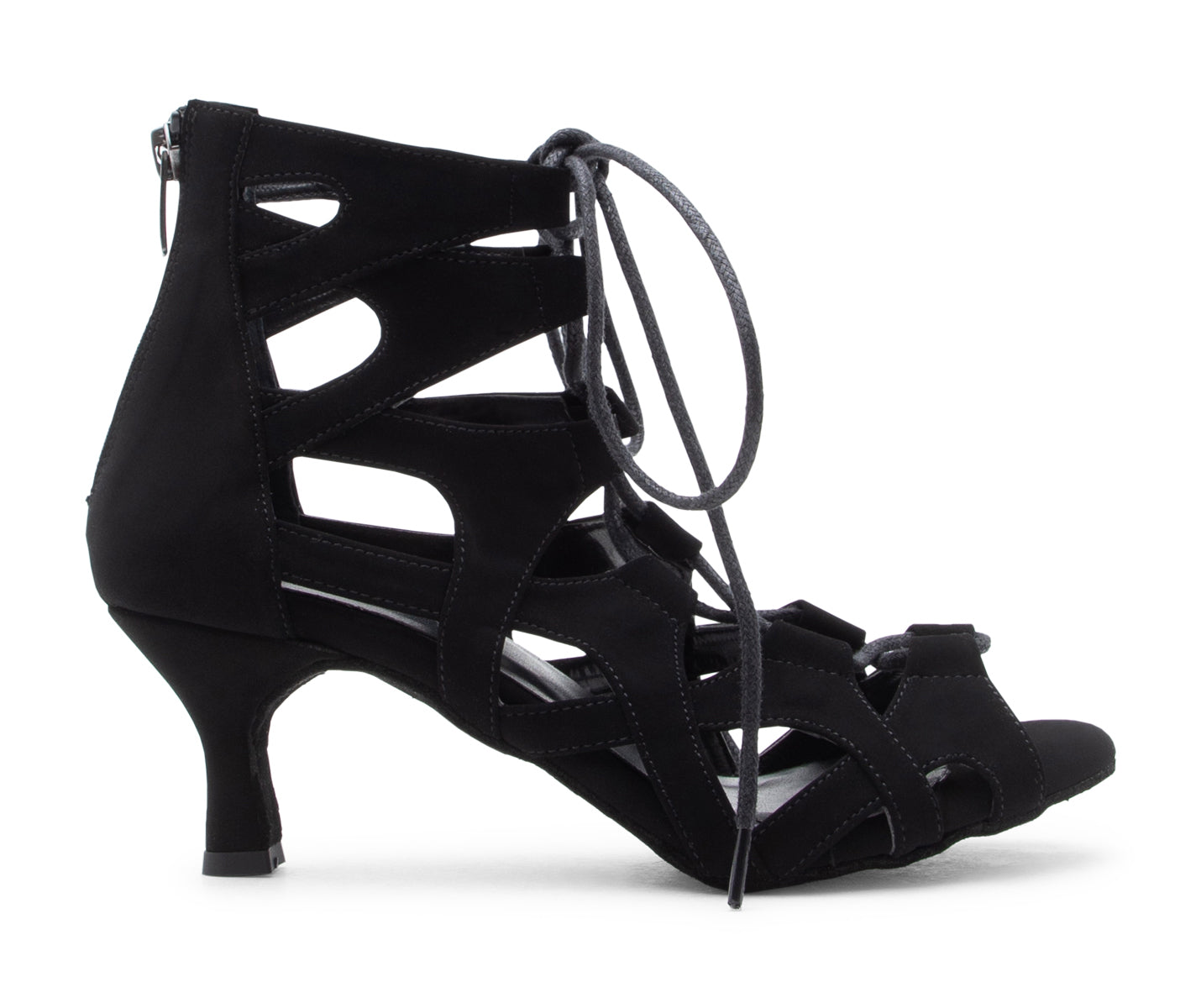 Dancing Queens Magnet Core Tanzschuhe in schwarzem Wildleder mit niedrigem Absatz und Schnürung.