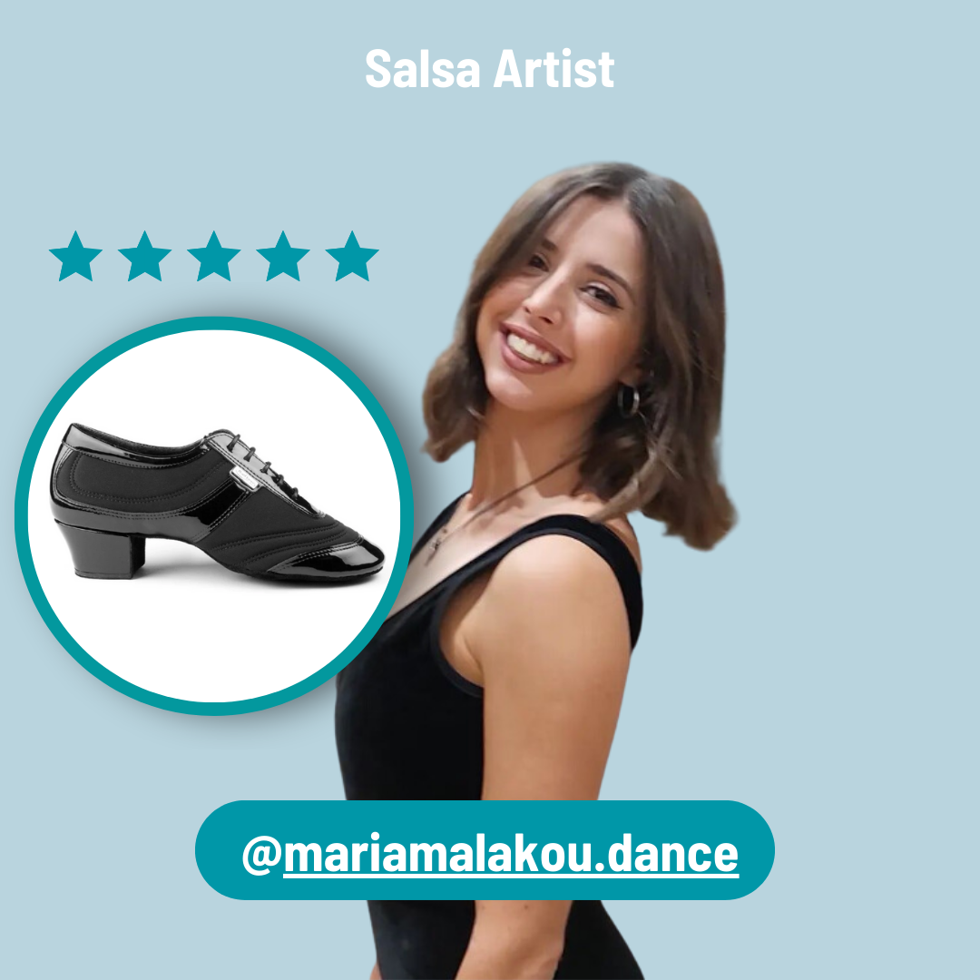 Lächelnde Frau mit kurzen Haaren, fünf Sterne; Salsa-Künstlerin @mariamalakou.dance in PD013 PRO von Portdance.