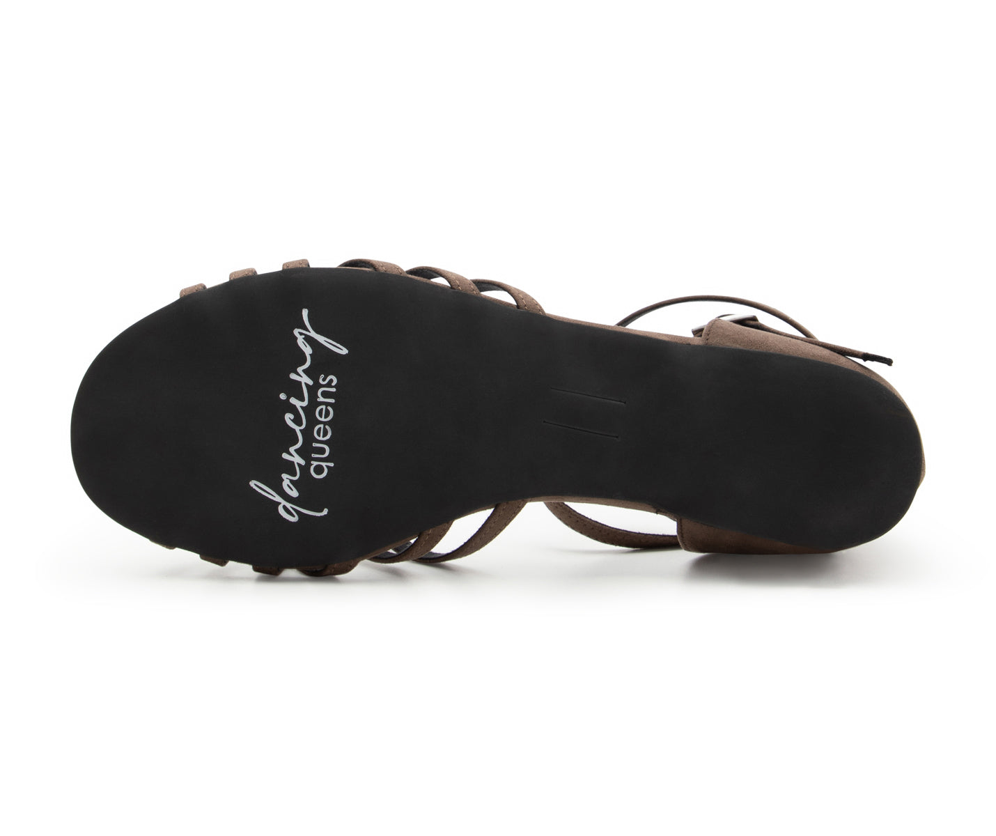 Unteransicht mit Outdoorsohle von Dancing Queens DQ02 flache Tanzschuhe in grauem Wildleder mit Logo auf der Sohle.