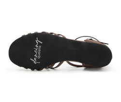 Unteransicht mit Outdoorsohle von Dancing Queens DQ02 flache Tanzschuhe in grauem Wildleder mit Logo auf der Sohle.